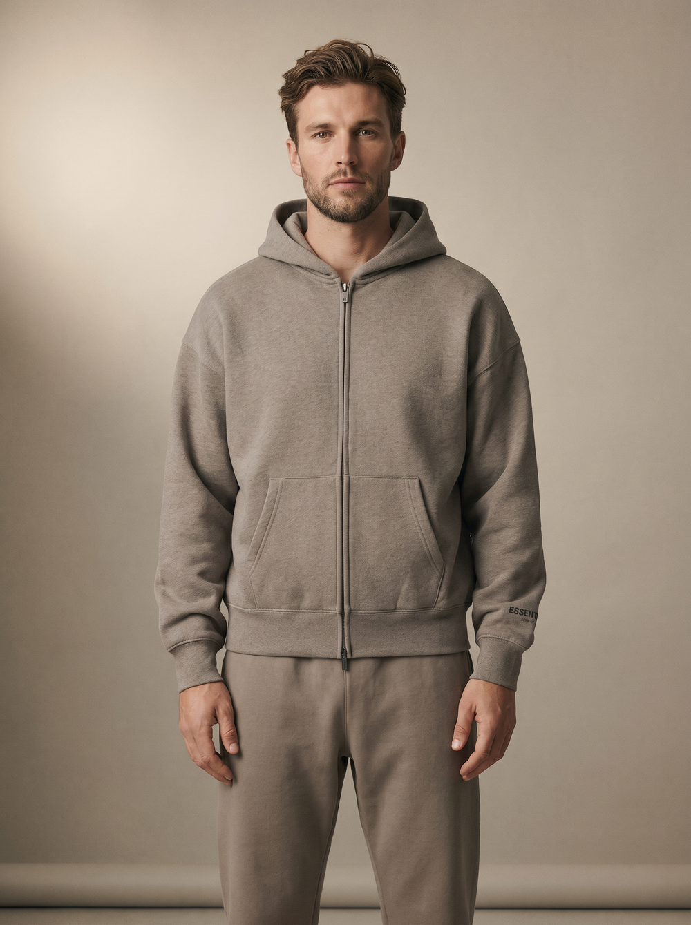 Essentials Classic Full Zip-Up Hoodie Homestead Heather — on model