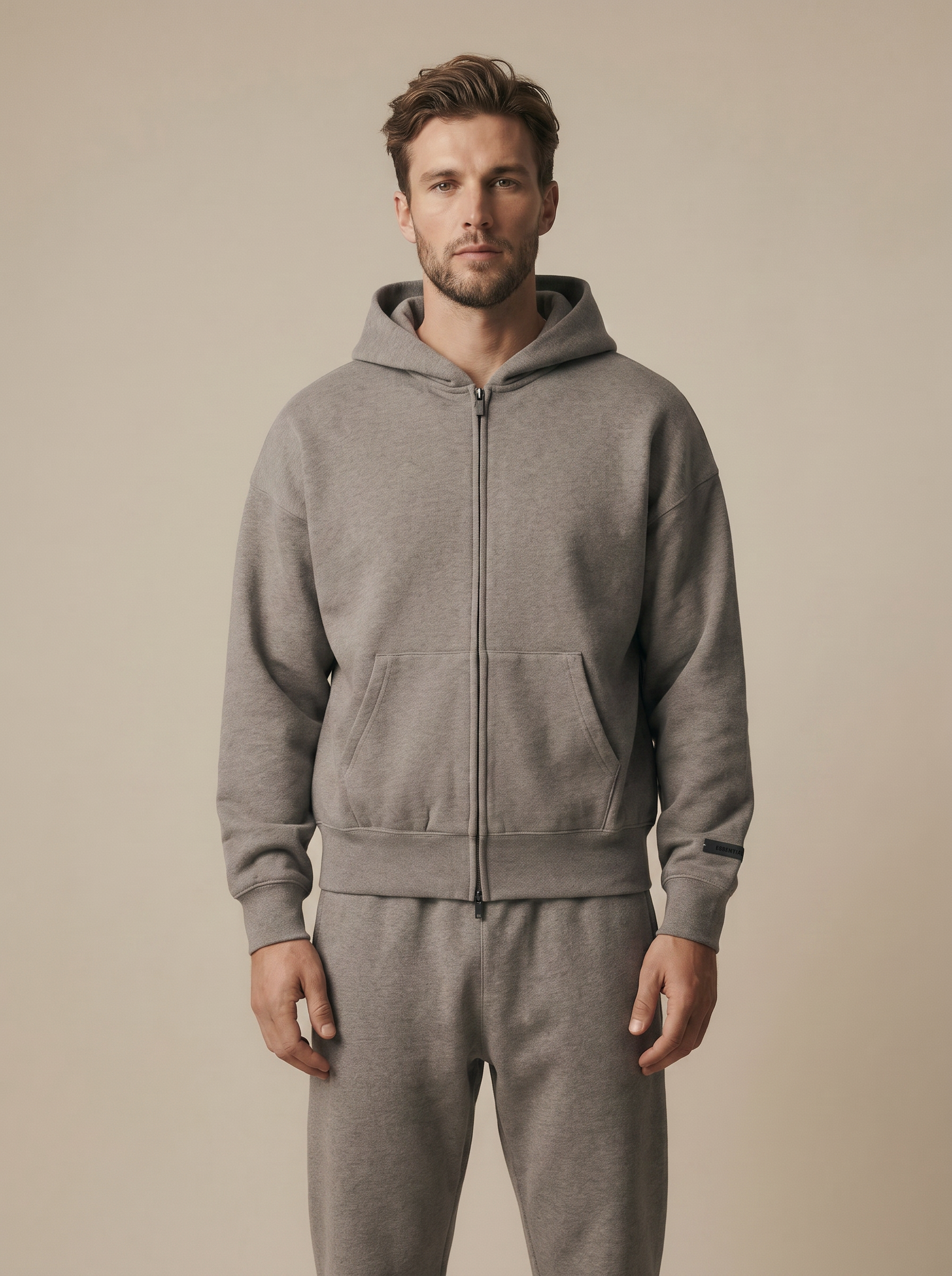 Essentials Classic Fleece Zip-Up Hoodie Homestead Heather — on model