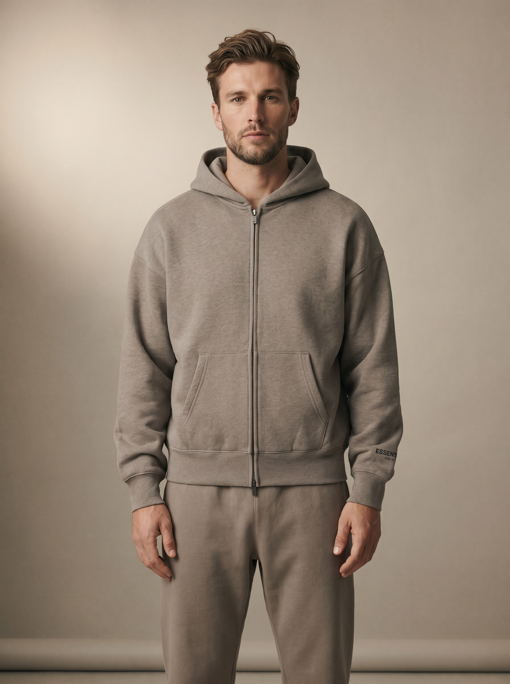 Essentials Classic Full Zip-Up Hoodie Homestead Heather — on model