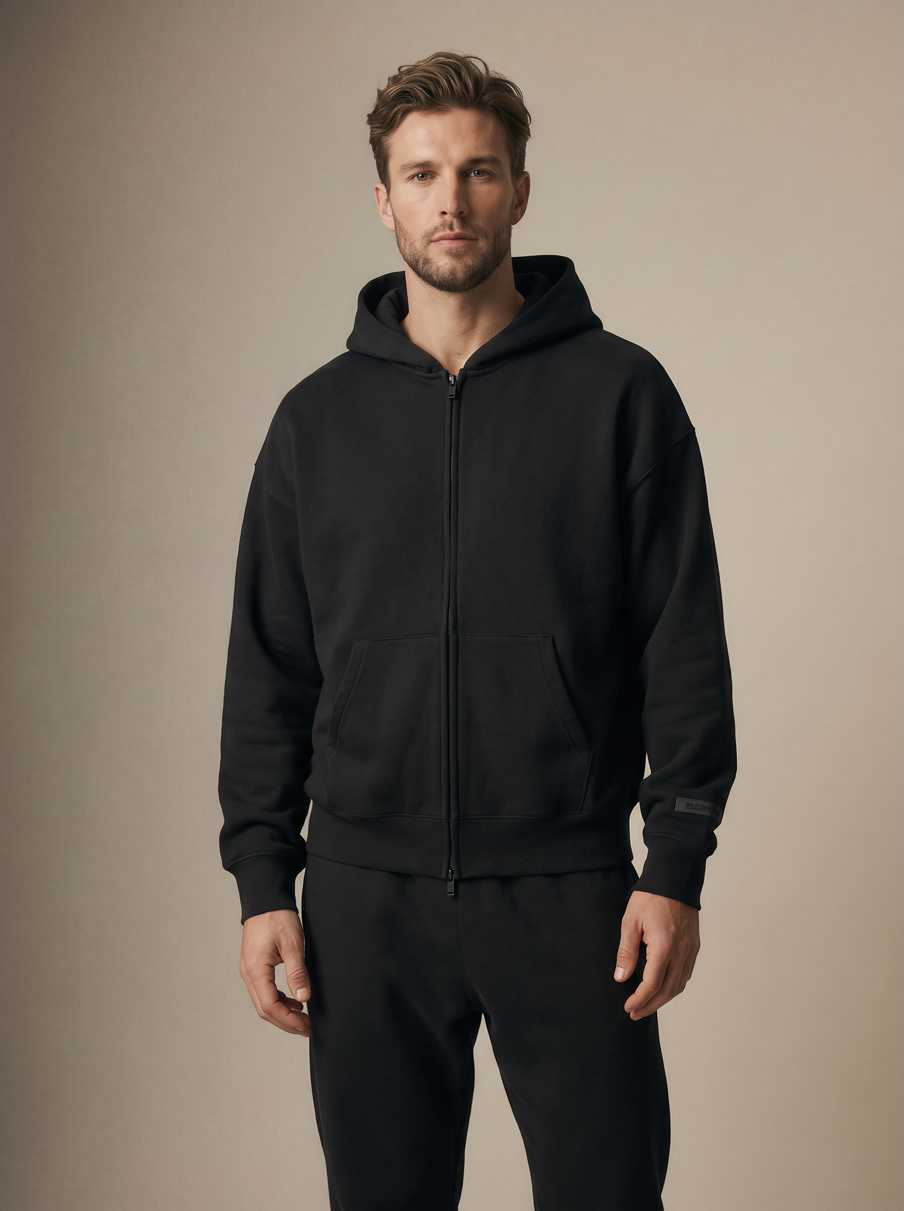 Essentials Classic Full-Zip Hoodie Jet Black — on model