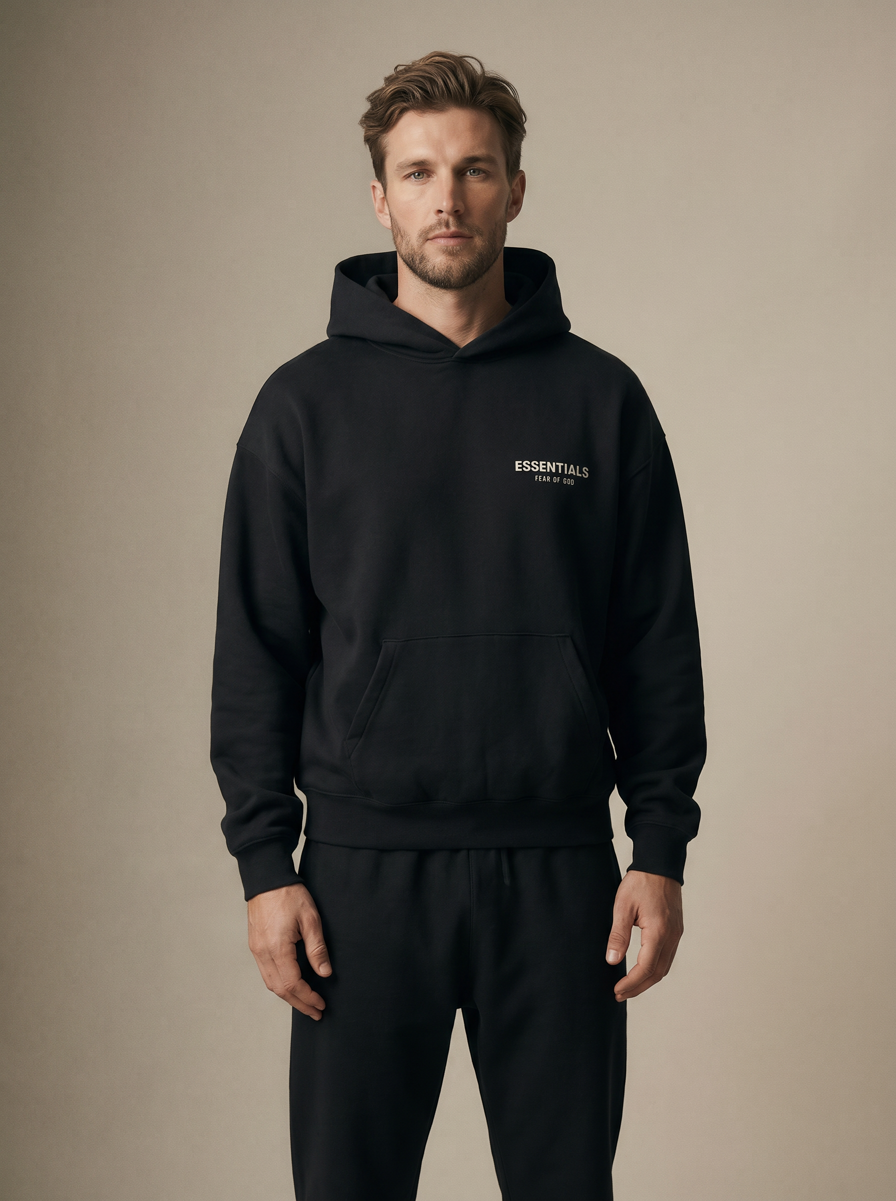 Essentials Fleece Hoodie II Black — on model