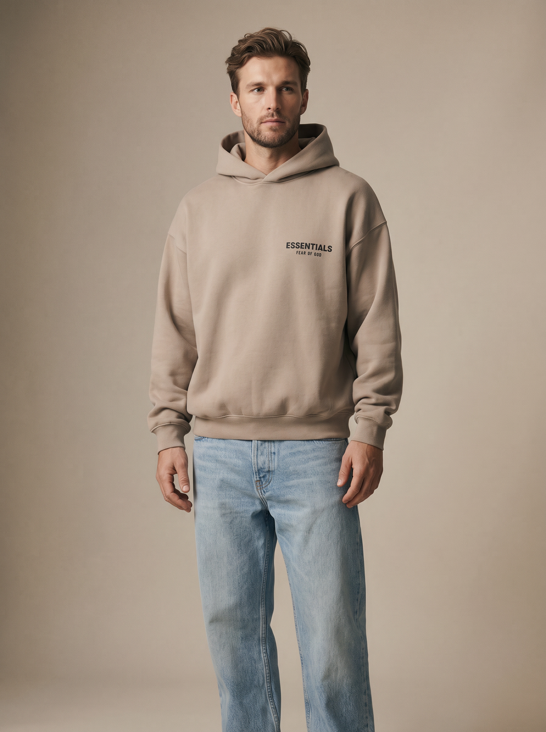Essentials Fleece Hoodie II Desert Sand — on model
