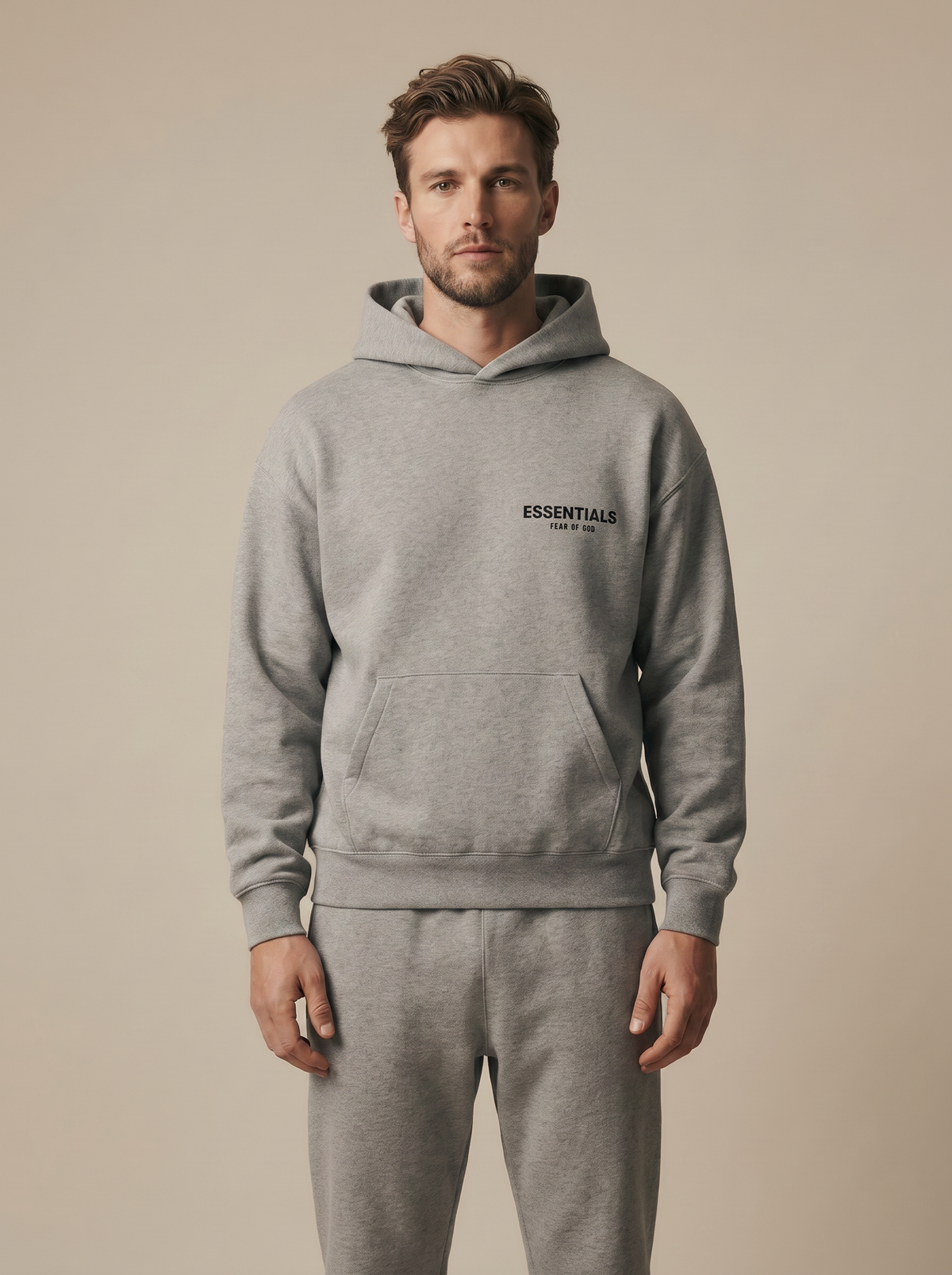 Essentials Hoodie Dark Oatmeal — on model