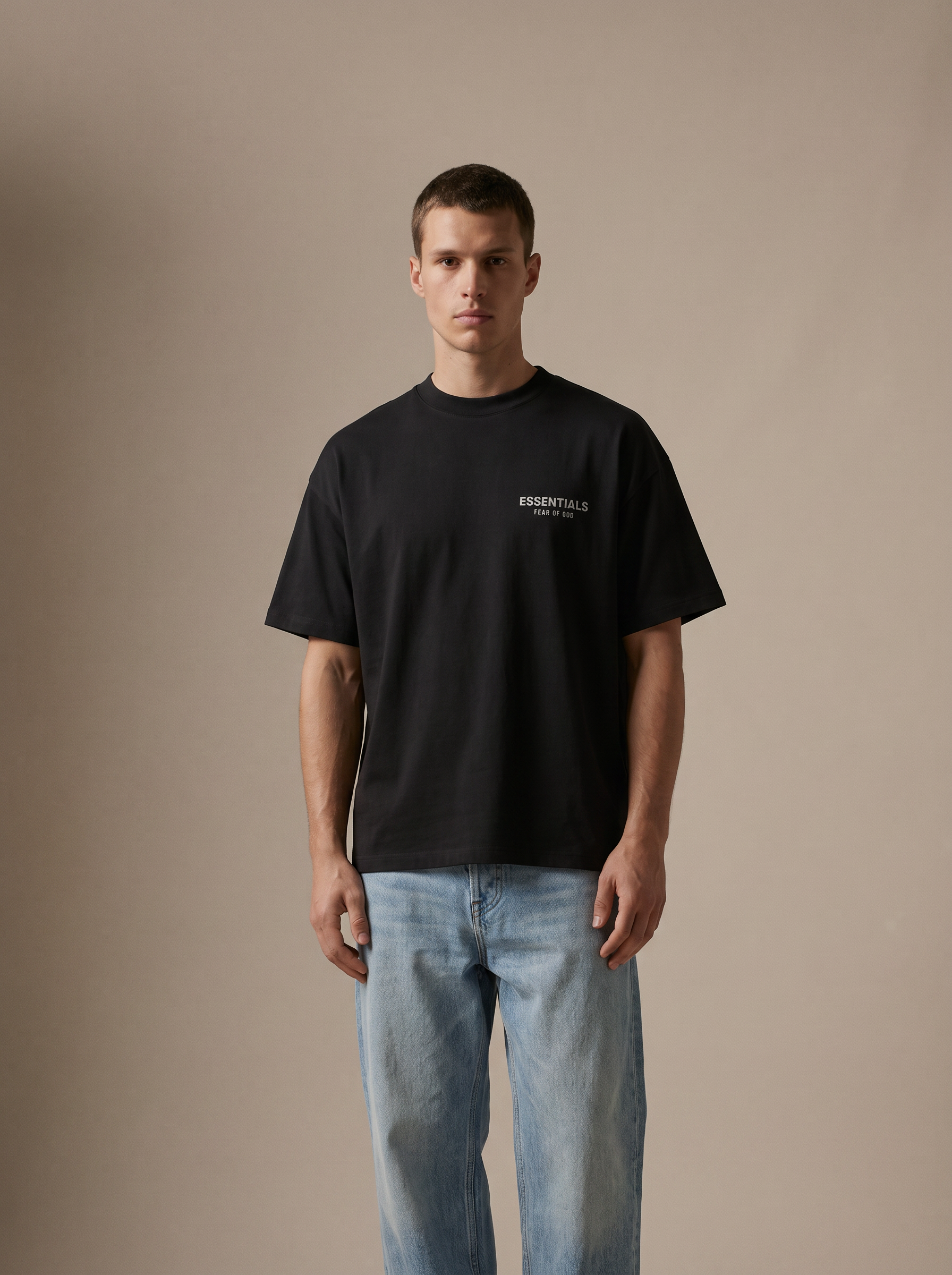 Essentials Jersey Crewneck Tee Black FW24 — on model