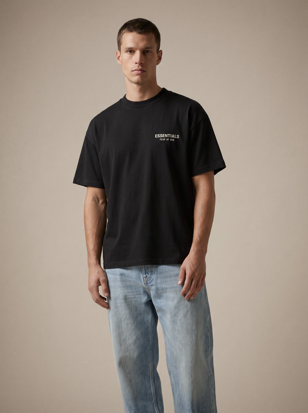 Essentials Jersey Crewneck Tee Black SS24 — on model