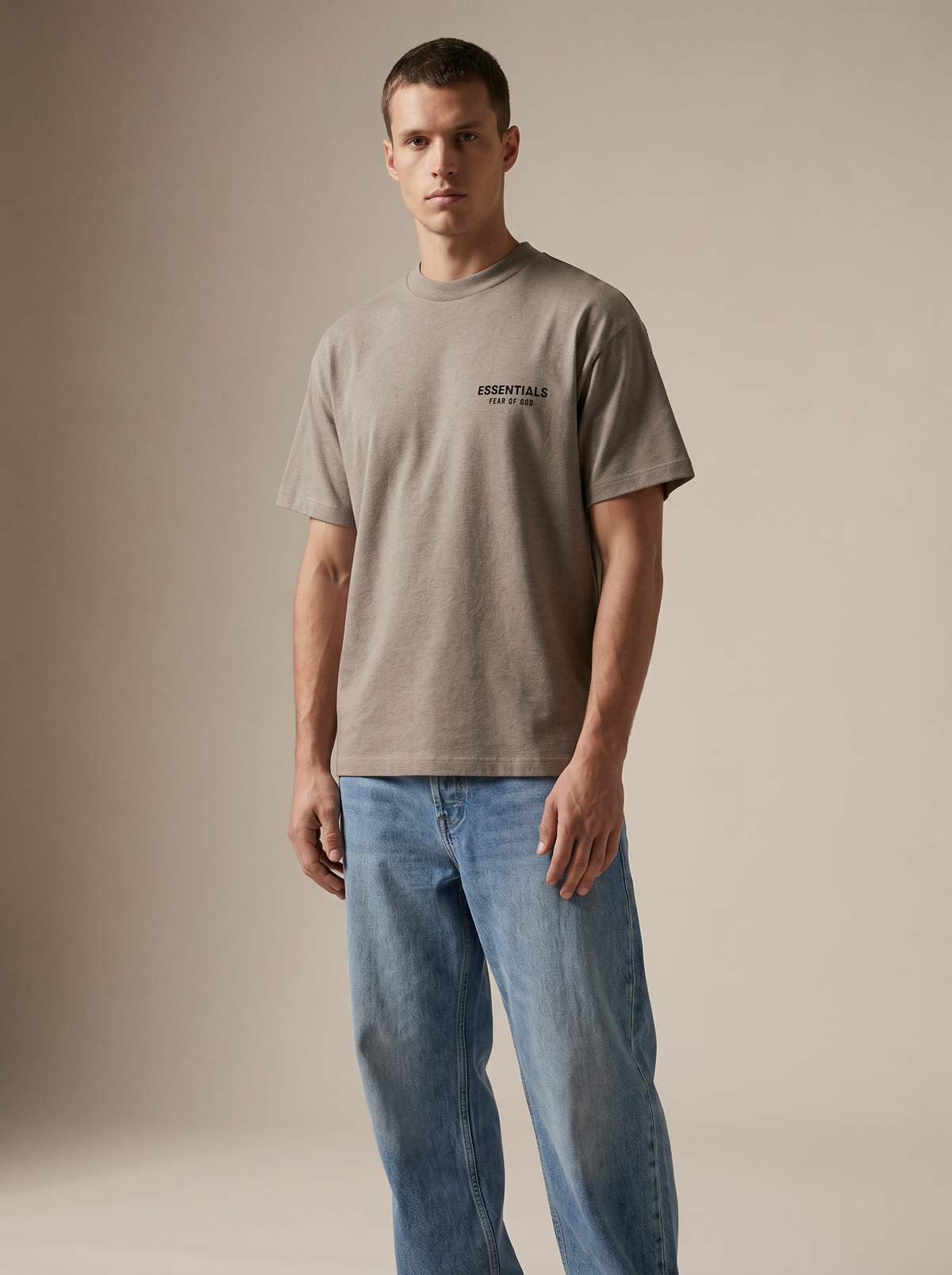Essentials Jersey Crewneck Tee Heather Grey — on model