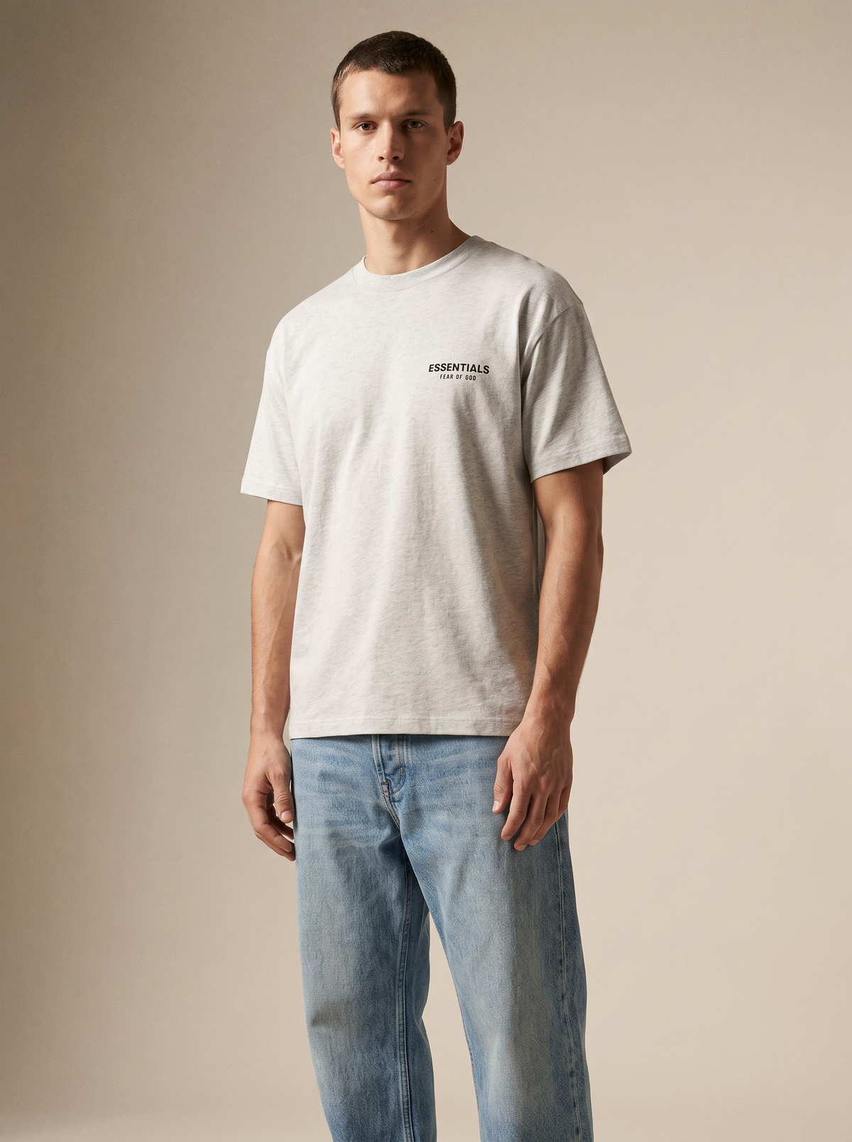 Essentials Jersey Crewneck Tee Light Heather Grey — on model