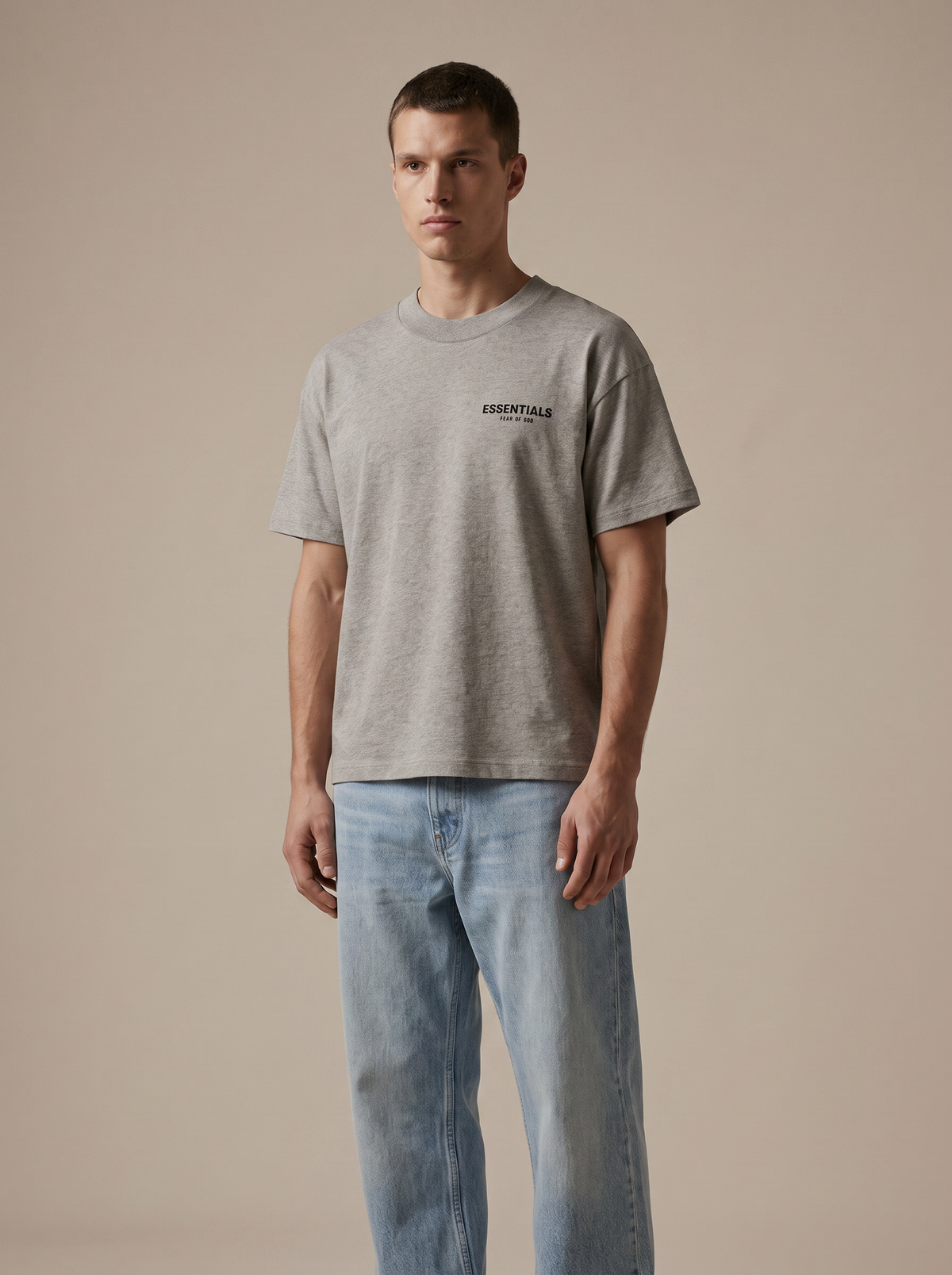 Essentials S/S Tee Dark Oatmeal — on model