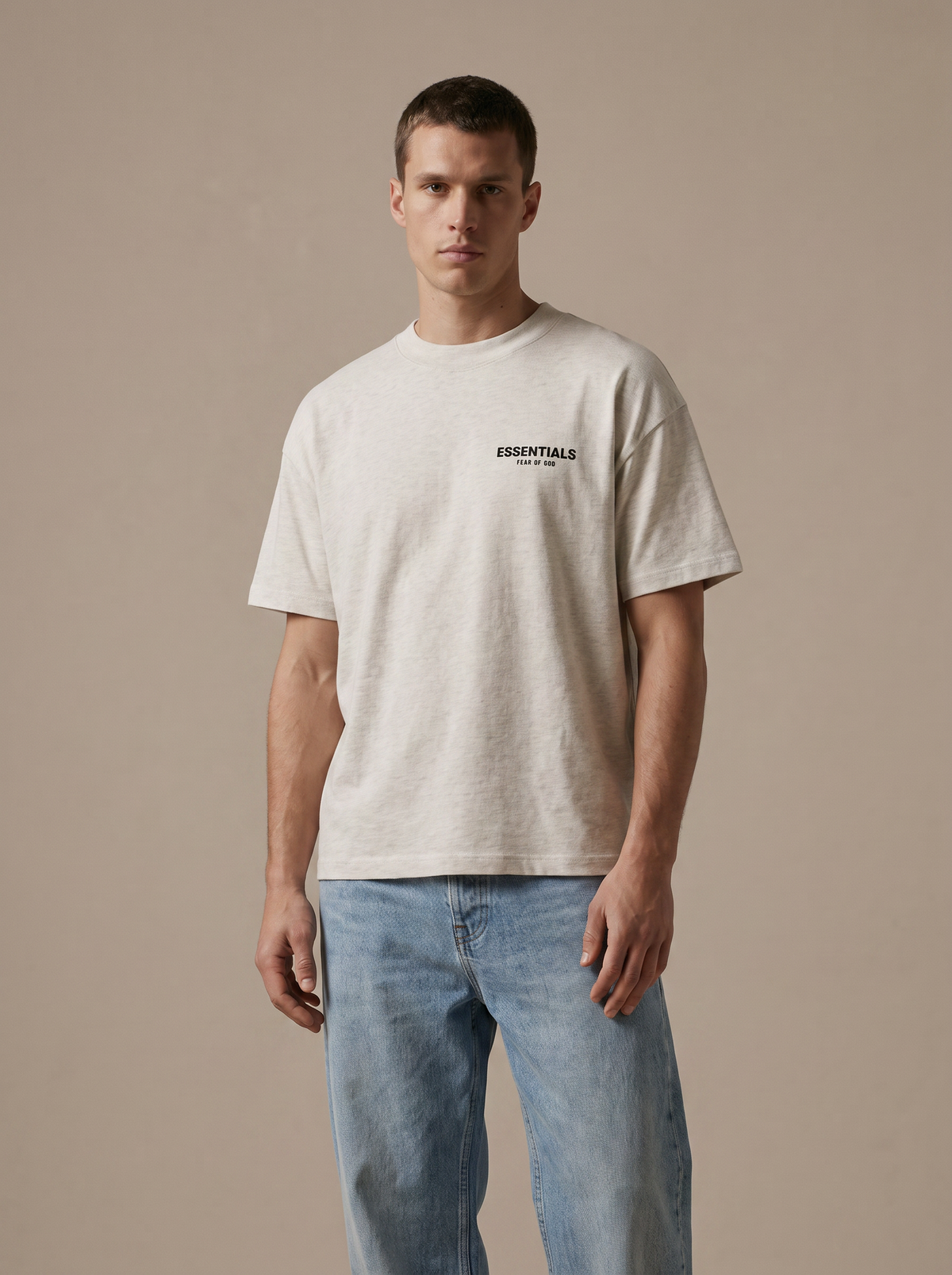 Essentials S/S Tee Light Oatmeal — on model