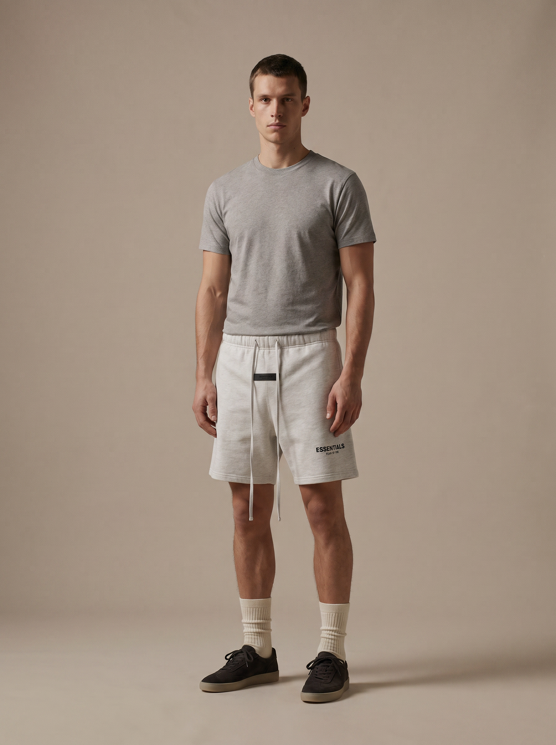 Essentials Sweatshort Light Oatmeal — on model