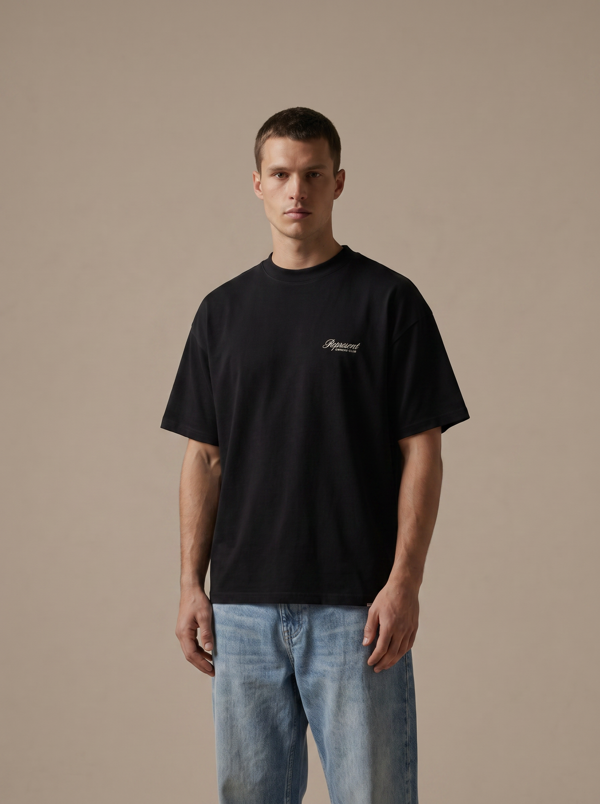 Represent Owners Club Script T-Shirt Black — on model