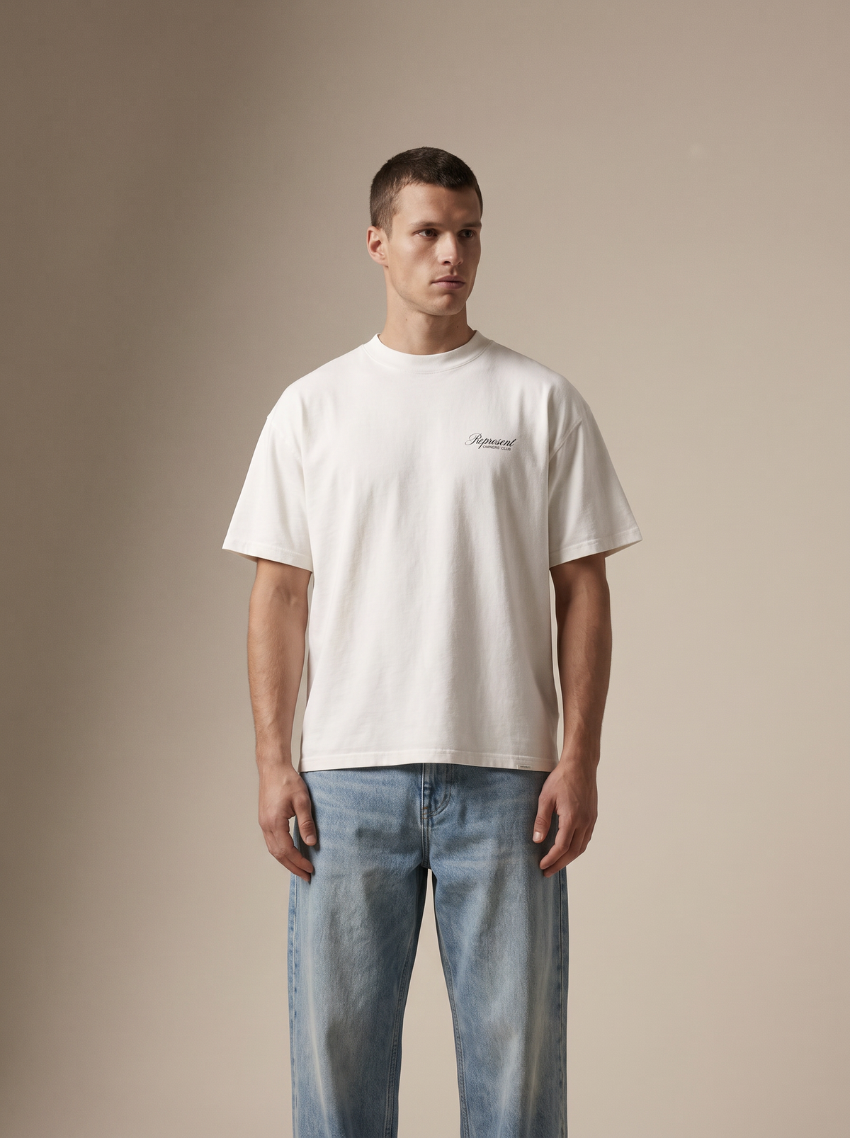 Represent Owners Club Script T-Shirt Flat White — on model