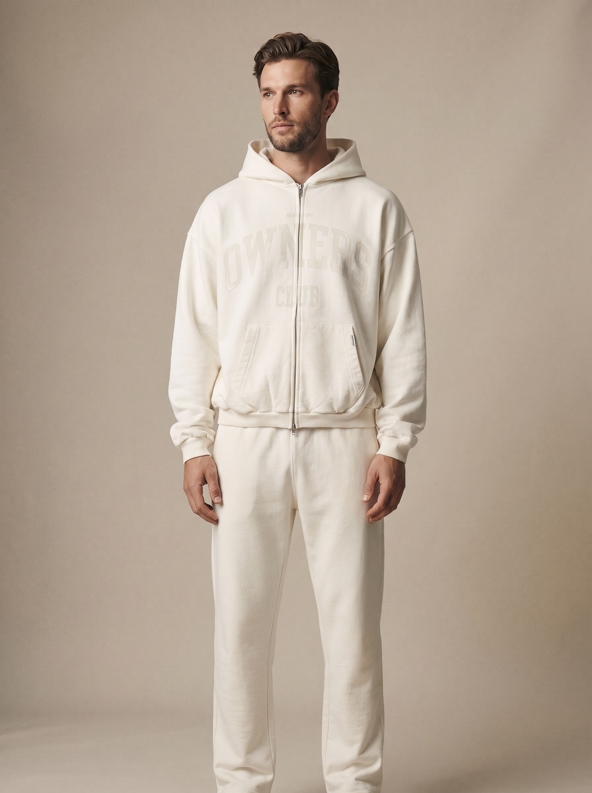 Represent Owners Club Zip Through Hoodie Chalk — on model
